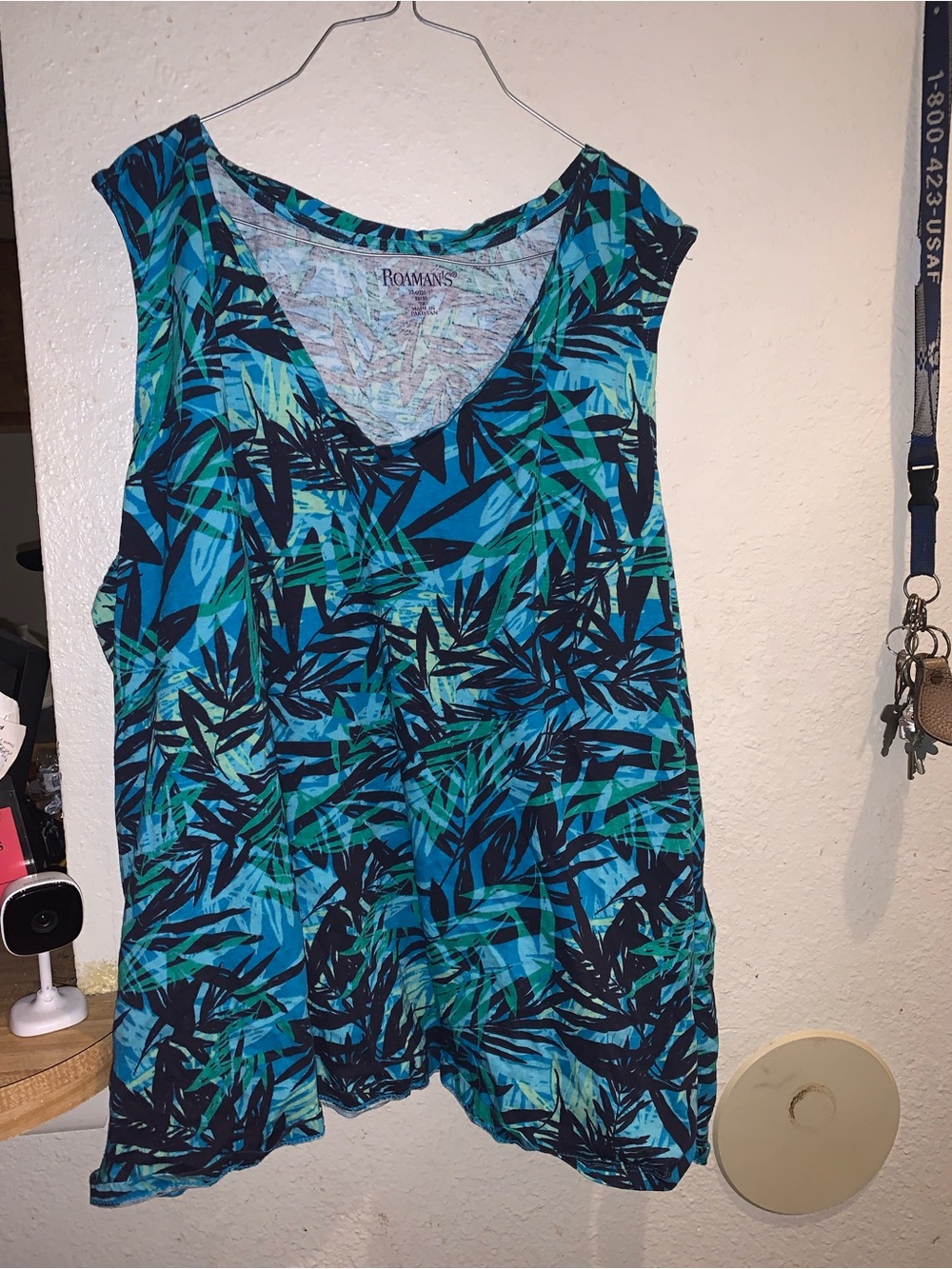 Roaman's Blue Teal Palm-Print Sleeveless V-Neck Top